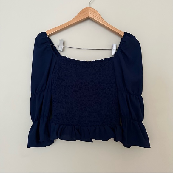 Idem Ditto Blue Puff Sleeve Smocked Bodice Blouse - Picture 2 of 4